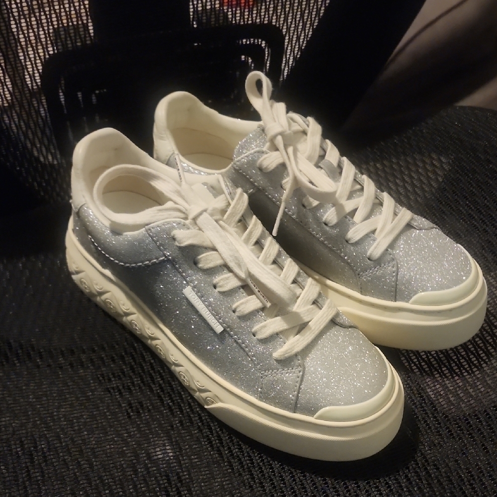 Tory Burch Leather Ladybug Sneakers Silver Glitter Size 6
